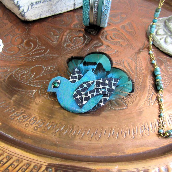 BROCHE POULE TURQUOISE VERT