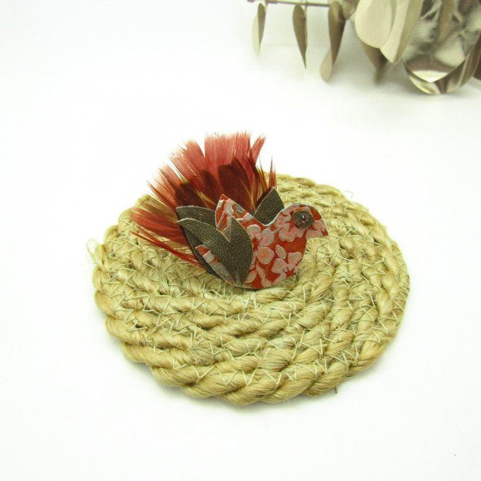 BROCHE POULE  FLEURS CORAIL